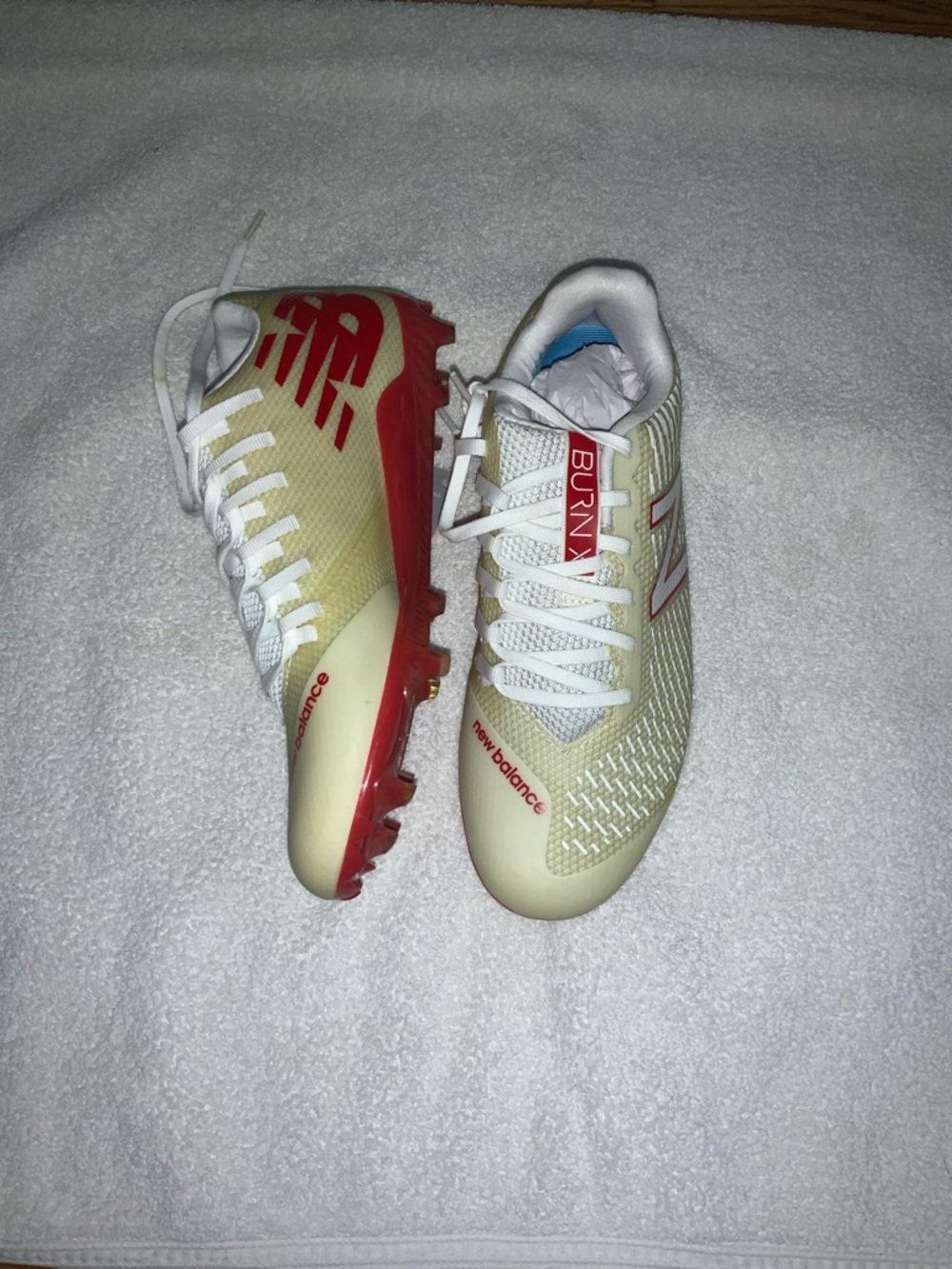 New Balance Cream and Red Burn X Soccer Cleats